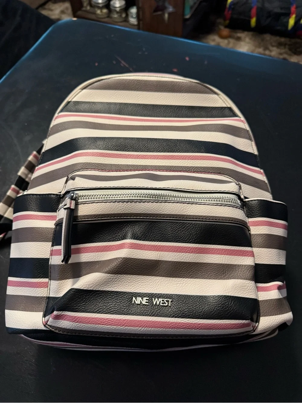 Nine West Striped Leatherette Backpack - Black, White & Pink